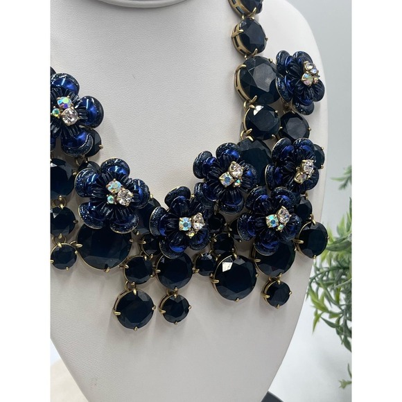 J. Crew Midnight Blue Glitter Floral Rhinestone Waterfall Statement Necklace - Picture 6 of 16